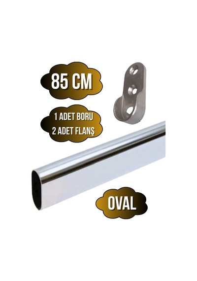 Metal Oval Krom Mobilya Dolap Askı Borusu 85cm Oval 2 Adet Flanş-1 Adet Boru Boy:30mm En:15mm Gri