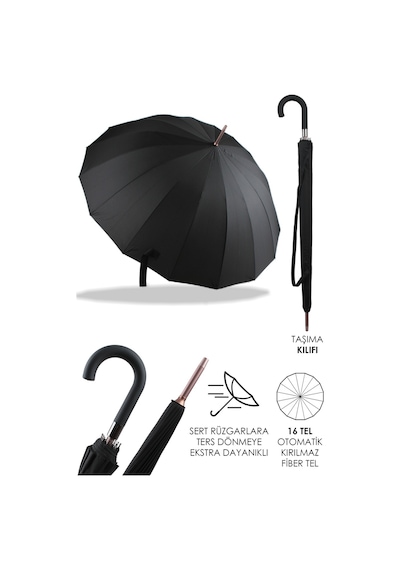 Marlux 16 Telli Fiberglass Kırılmaz Rüzgar Korumalı Lüx Premium Şemsiye Mar10141 - Siyah