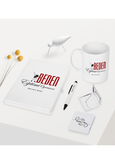Kişiye Özel Beden Eğitimi Öğretmeni Temalı Beyaz Defter Kalem Kup Beyaz