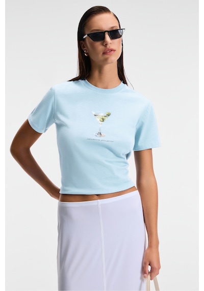 Grımelange IVONNE Kadın Cocktail Baskı Desenli Kısa Kollu Organik Pamuklu Bisiklet Yaka Crop Mavi T-Shirt