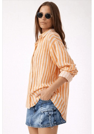 Fashion Friends Çizgili Kadın Gömlek 26y0670k1 Turuncu