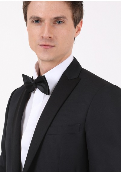 Ramsey Siyah Mikro Fashion Slim Fit Kruvaze Yaka Dokuma Smokin Takım Elbise
