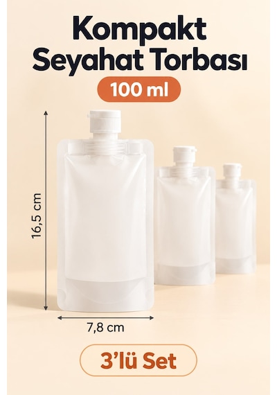 Doldurulabilir Seyahat Torbası Şişe Seti Sızdırmaz Silikon Kozmetik Kabı 100ml 3'lü Beyaz