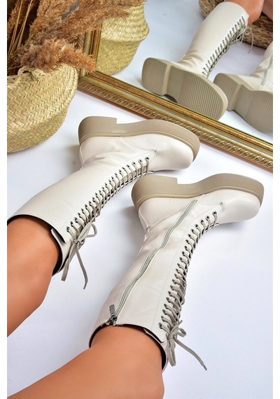 Fox Shoes Bej Bağcıklı Günlük Kadın Çizme L610130909
