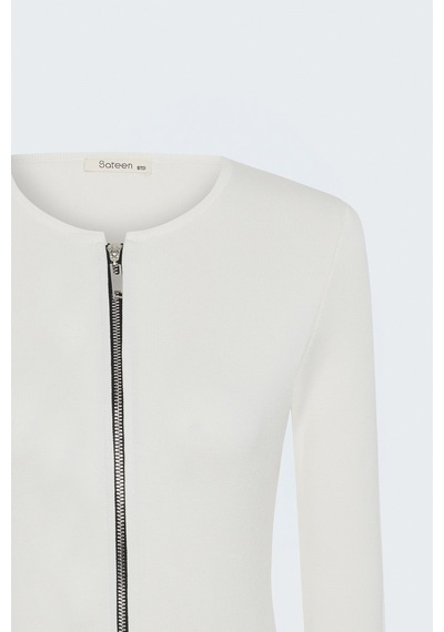 Sateen Kollları Fermuar Detaylı Hırka - Ekru-137854