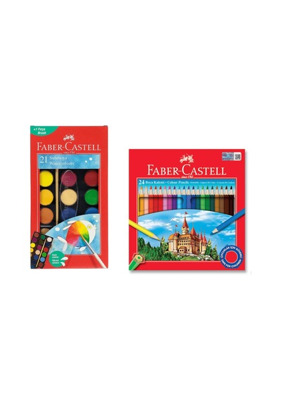Faber Castell Okul Ve Aktivite Boya Seti 24'lü Kuru Boya Ve 21'li Büyük Boy Sulu Boya İkisi Bir Arada Çok Renkli