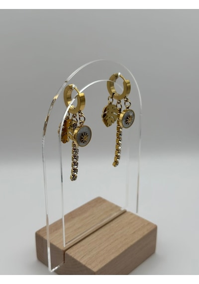 Arnes Jewelry Çelik Sallantılı Zirkon Taşlı Yapraklı Küpe Ar253nes Gold