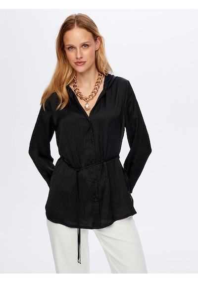 Faik Sönmez Beli Kuşaklı Kapüşonlu Krinkıl Saten Tunik W26tnk016 Uw26tnk01610 Siyah