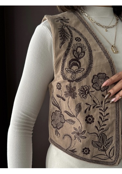 Verymoda Fitili Kadife Nakışlı Yelek Vmf2010 VİZON