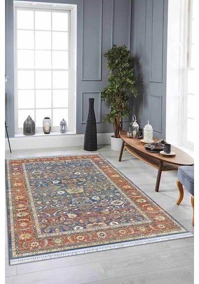 Çok Renkli Çerçeveli Dokuma Pamuk Taban Kaymaz Kilim Klm215n11