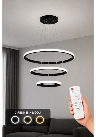 Rizon 3 Lü Led Sarkıt Avize 3 Renk Kumandalı Siyah