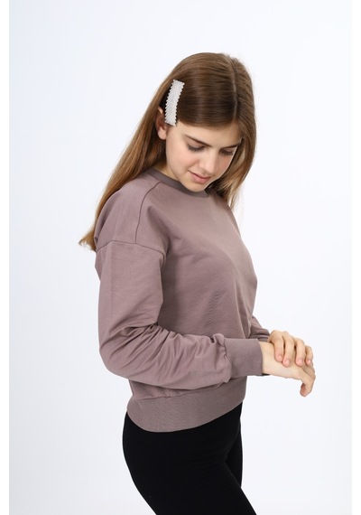 Toontoy Kız Çocuk Relax Fit Bisiklet Yaka Düşük Omuz Sweatshirt - 2 İplik Kahve