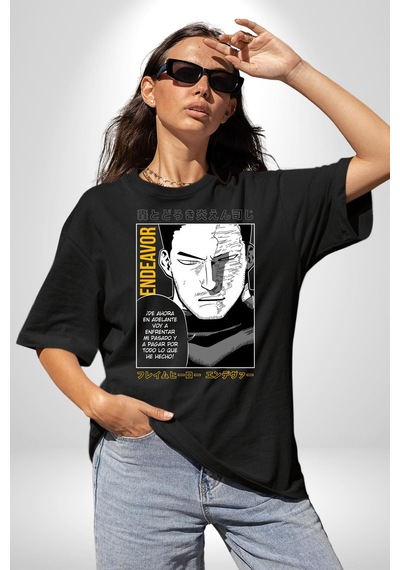 Enji Todoroki Manga Pamuklu Bisiklet Yaka Unisex Oversize Boyfriend Dijital Baskılı Siyah T-shirt Siyah