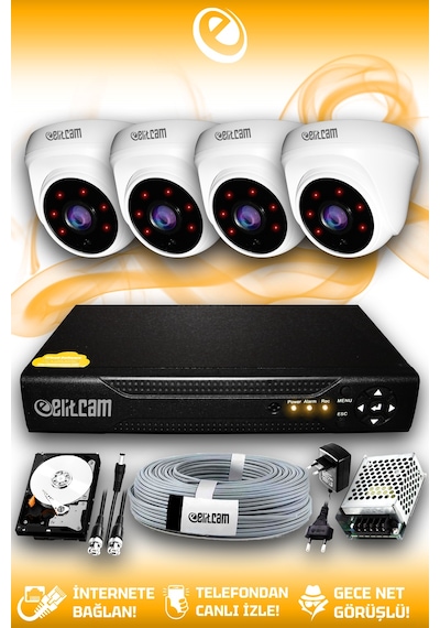 Elitcam 4 Kameralı Dome 4 İç Kamera Set 320 GB HDD Full HD Gece Görüşlü Güvenlik Kamerası Sistemi