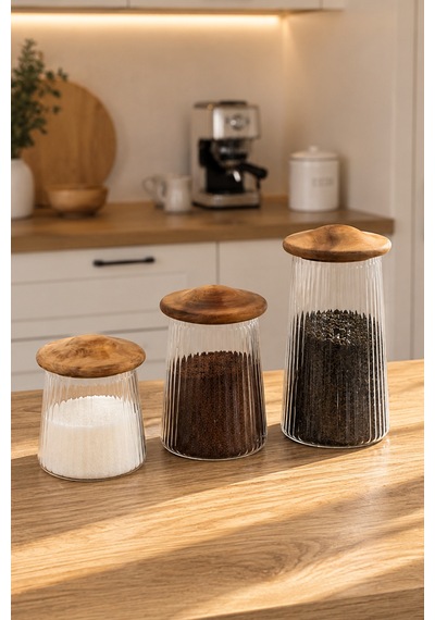 Porsima Mushroom Bambu Vakumlu Kapaklı Yuvarlak Borosilikat Cam 3lü Kavanoz Seti Saklama Kabı Cam - Şeffaf