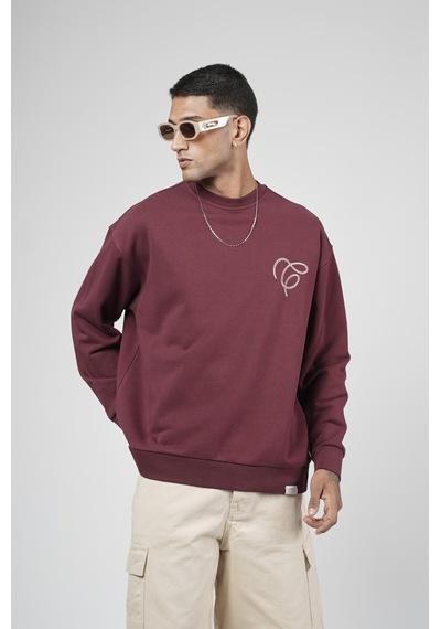 Bisiklet Yaka Baskılı Nakış Detaylı Erkek Sweatshirt Bordo