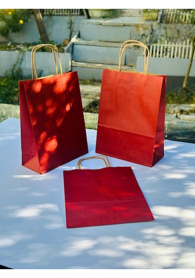 1.kalite 18x8x24 Cm 3 Lü Bordo Renkli Kraft Kağıt Çanta, Hediye Poşeti, Hediye Paketi, Kraft Çanta
