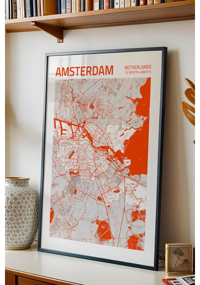 Amsterdam Hollanda Haritası Çerçeveli Tablo Lüks Salon Ofis Duvar Dekorasyonu Hediyelik Tablo