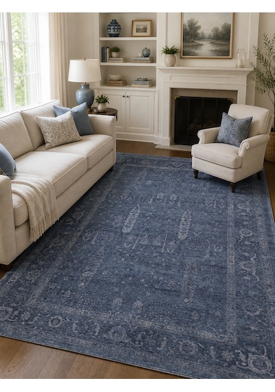 Shiraz Shr 03 Navy Vintage Eskitme Tarzı Yumuşak Dokulu Salon Halısı Oturma Odası Halısı Lacivert