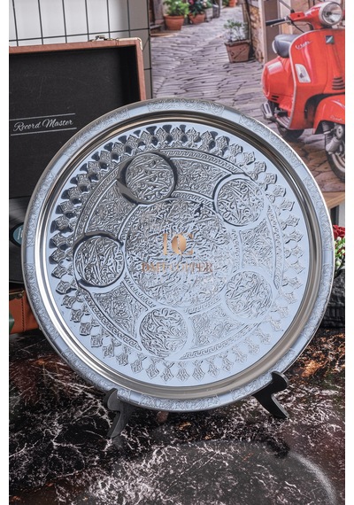 3 Lü 35 Cm Nakışlı Krom Çelik Tepsi Seti 430 Kalite Özel Motifli Servis Tepsisi Makinede Yıkanabilir Gümüş