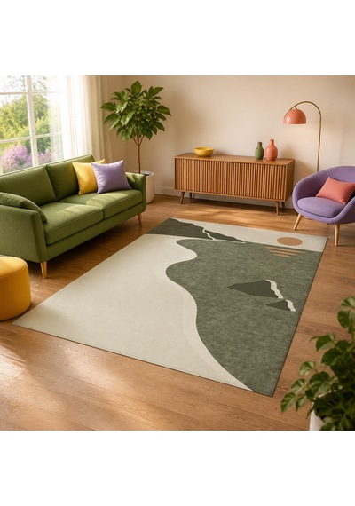 Kartela Halı Kıyı Deniz Manzaralı Modern Halı Adaçayı Yeşili Kaymaz Taban 100x150 Cm