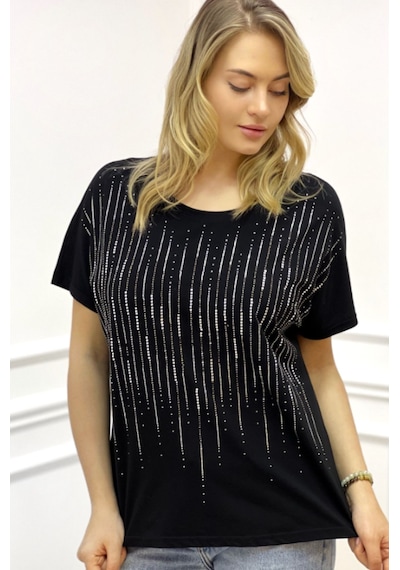 Rich Glam Bol Kesim Bisiklet Yaka Büyük Beden Crystal Taşlı Kadın T-shirt