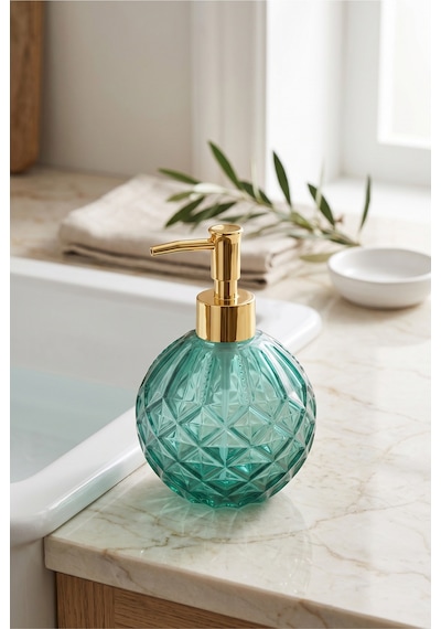 Boby Diamond Küre Cam Sıvı Sabunluk Gold Pompalı Kristal Desenli Dekoratif Banyo Ve Mutfak Dispenseri - 16 Cm X 10 Cm - 500ml - Yeşil
