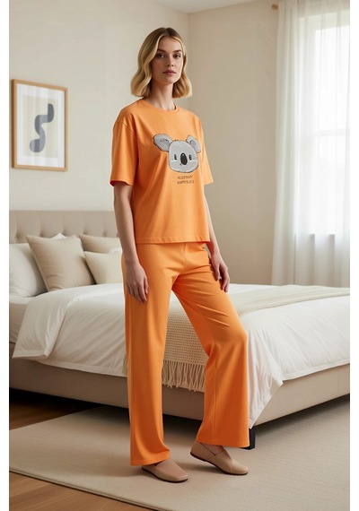 Benerly Kadın Bisiklet Yaka Standart Kol Regular Kalıp Pijama Takımı Fonk turuncu