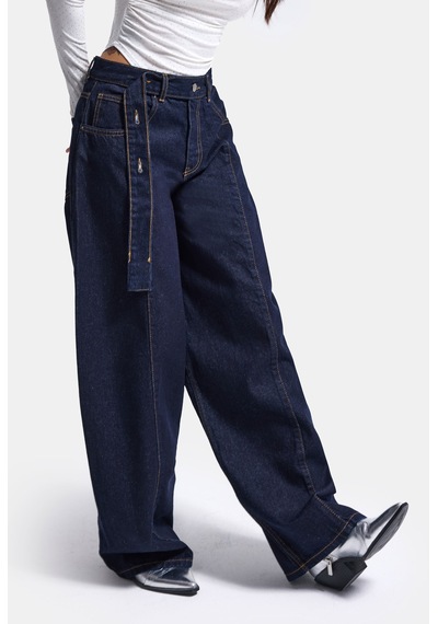 Kadın İndigo Selvedge 7w6-50 Barrel Fit Kemer Detaylı Denim Jean
