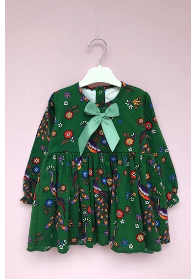 Kuş Desenli Yeşil Pazen Kız Çocuk Bebek Elbise 001