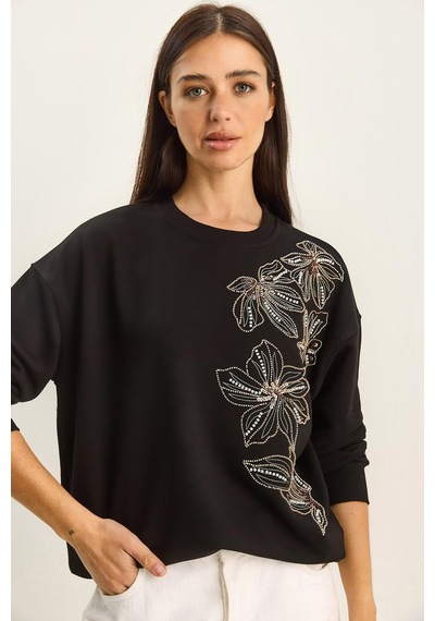 Shade Kadın Bisiklet Yaka Çiçek Boncuk İşlemeli Relaxed Sweatshirt 1572 60283809 - Siyah
