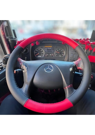 Dikişli Direksiyon Kılıfı İthal Siyah Deri Bayrak Kırmızı Deri Siyah Dikişli Mercedes Tır Kamyon İçin Siyah Dikiş
