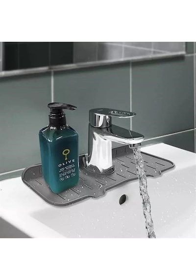 Lavabo İçin Silikon Esnek Mat Musluk Sapı Damlama Tutucu Raf Mutfak Tezgahı Sıçrama Koruma Gri