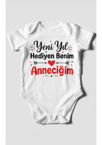 Morivokids Yeni Yıl Hediyen Benim Anneciğim Kısa Kollu Bebek Body %100 Pamuk Beyaz