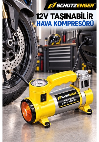 12v Araç Çakmak Girişli Taşınabilir Hava Kompresörü 150 Psı Göstergeli Ve Işıklı Lastik Şişirme Pompası Sarı