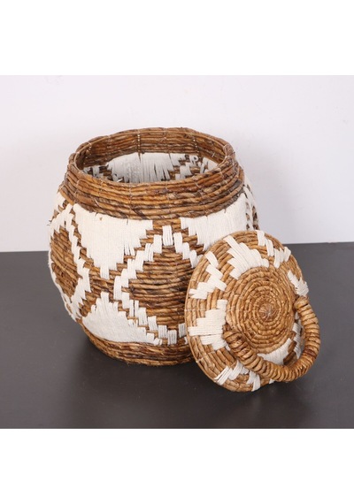 İskit Makrome Ve Doğal Abaka - Kapaklı Sepet 35x34 Cm Bej