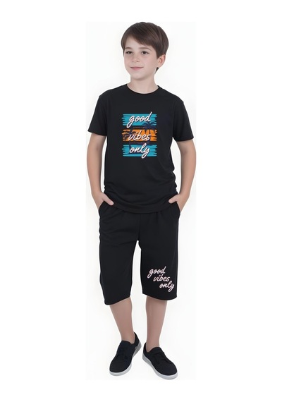 Fyk Kids Erkek Çocuk Yazlık Good Vibes Only Baskılı Alt-üst Takım Siyah