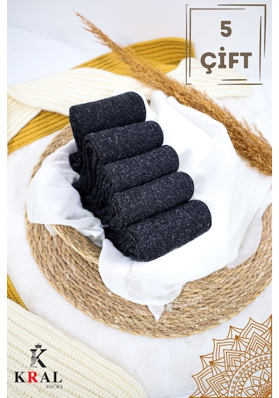 Kral Socks Erkek Kışlık Termal Etkili 5'li Paket Lambswool Kuzu Yün Çorap Siyah