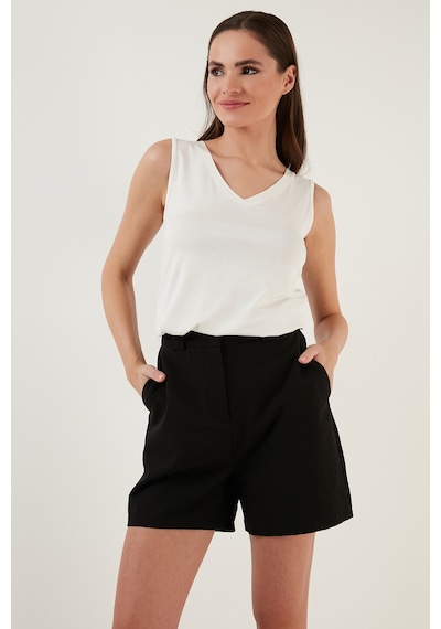 Lela Slim Fit V Yaka Kalın Askılı 2' Li Paket Bayan Bluz 5864384S2 Ekru-Çağla