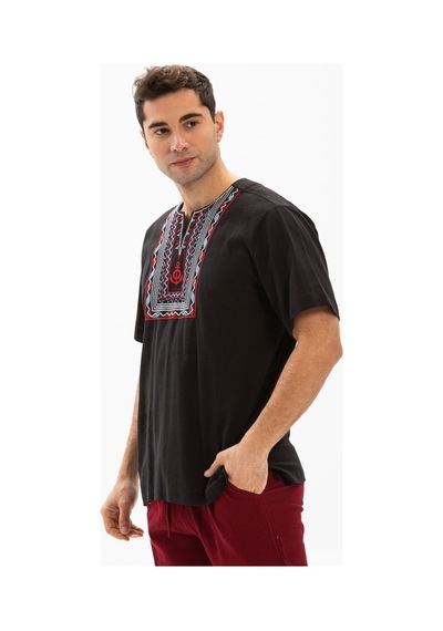Kısa Kol Şile Bezi Bisiklet Yaka Bahriyeli Erkek T-Shirt Siyah Sy