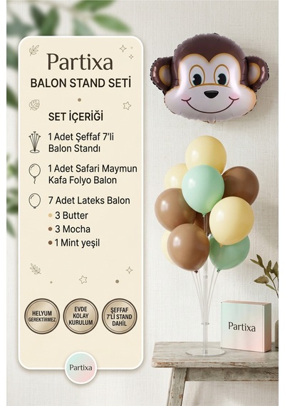 Safari Maymun Kafa Balon Stand Seti Şeffaf 7 Li Stand + Safari Maymun Folyo Balon + 7 Lateks Balon
