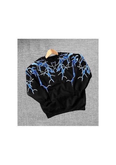 Kadın Yıldırım Baskılı Bisiklet Yaka 3 İplik Pamuklu Sweatshirt - Siyah