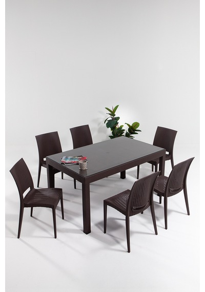 Rattan Large Camlı Kahve Masa Takımı Bahçe&balkon 1 Camlı Masa + Kahverengi
