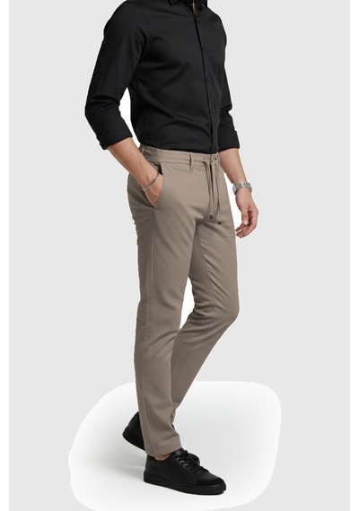 Rizzup Erkek Bej Likralı Gofre Kumaş Beli Lastikli İpli Slim Fit Günlük Pantolon 2600650