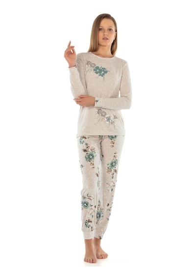 Vishenka Kadın Kahve Melanj Viskon Likralı Baskılı Pijama Takımı Beyaz