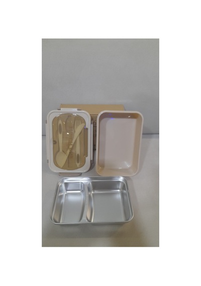 Beslenme & Gıda Taşıma Kabı Sefer Tası 304 Çelik 2 Bölmeli Kilitli Kapak Bej Lunch Box .