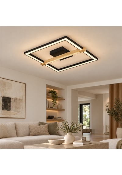 April Siyah 58 Watt Plafonyer Kare Ahşap Desenli Modern Salon Led Avize