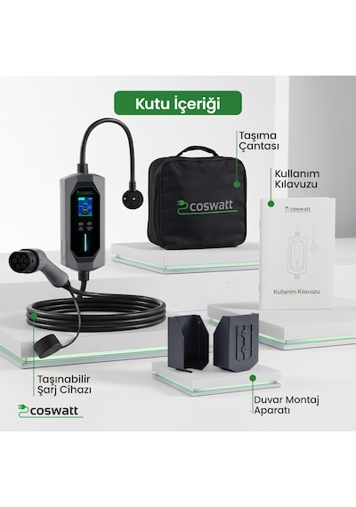 Coswatt Taşınabilir EV Şarj Cihazı CS-P1-16A / 3.5kW / 8m / Türkçe / 220V AC / Tip-2 / 2x16A Ev Tipi Fiş / Çanta