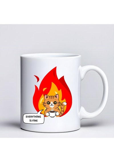 Everything Is Fine Yazılı Kedi Tasarımlı Kupa Model 234 Mizahi Baskılı Seramik Kahve Kupası Çok Renkli