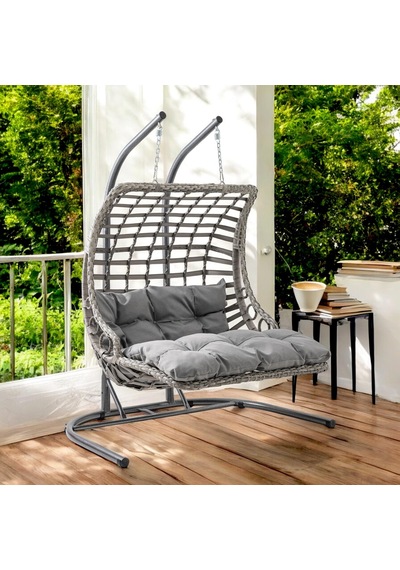 Bodrum Double Çiftli Rattan Bahçe Salıncağı Rehome Balkon Salıncağı Gri